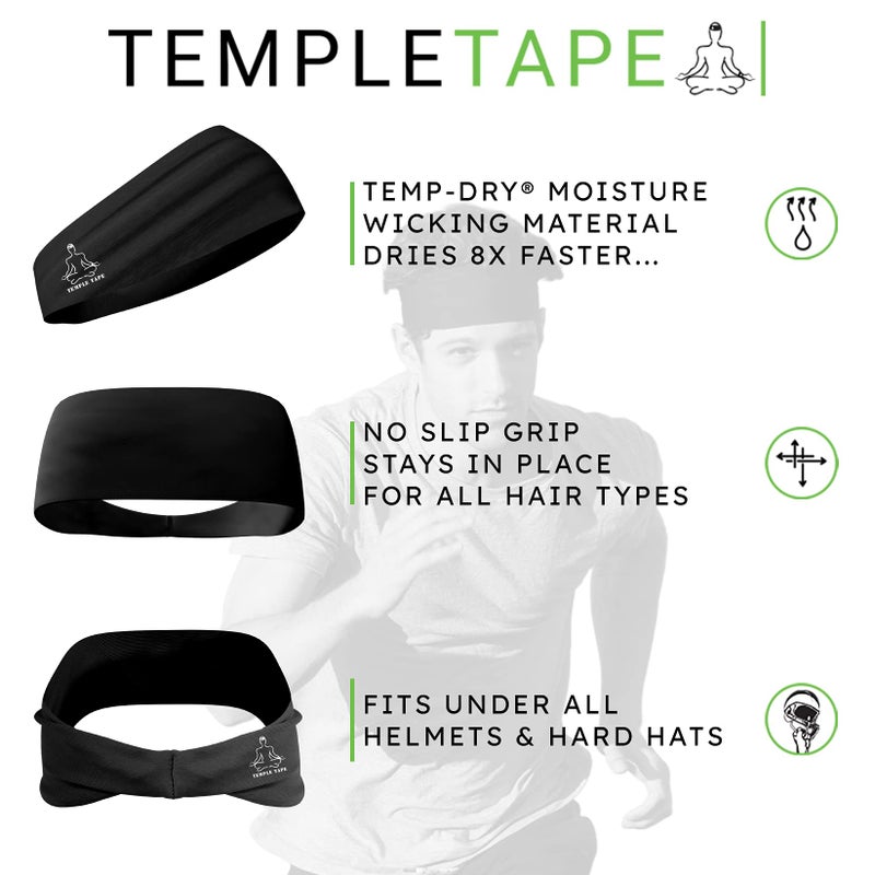 Temple Tape شريط المعبد، رباط رأس للرجال - أربطة رأس رياضية للرجال تمتص الرطوبة لتمارين الجري، والتدريب المتقاطع، والتزلج، وصديقة لخوذة الدراجة - حزمة قيمة - 1-أسود و 1-أبيض - Image 5